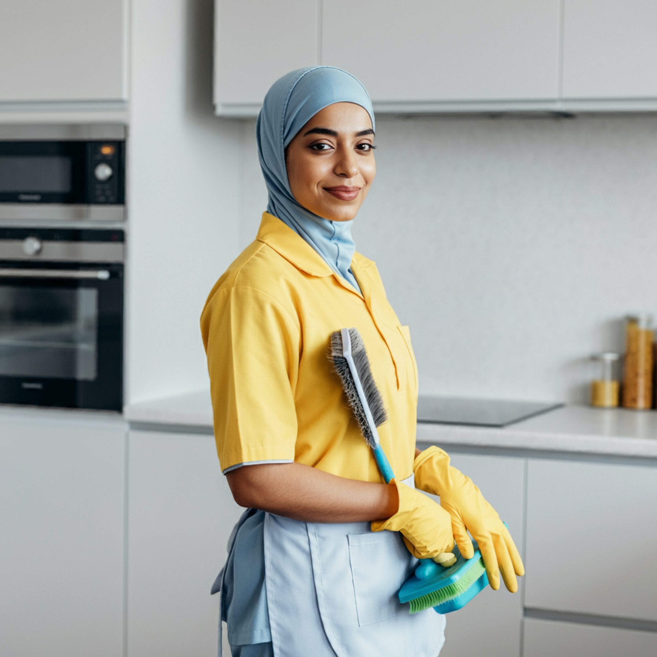 woman-yellow-shirt-with-blue-towel-her-left-arm